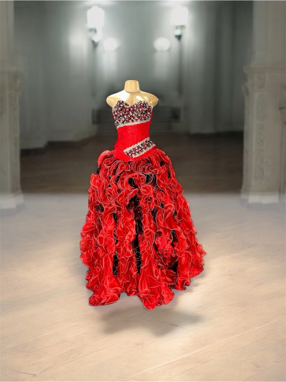 NWT Ragazza Fashion Red & Black Formal Quinceañera BallGown Beaded Prom Dress